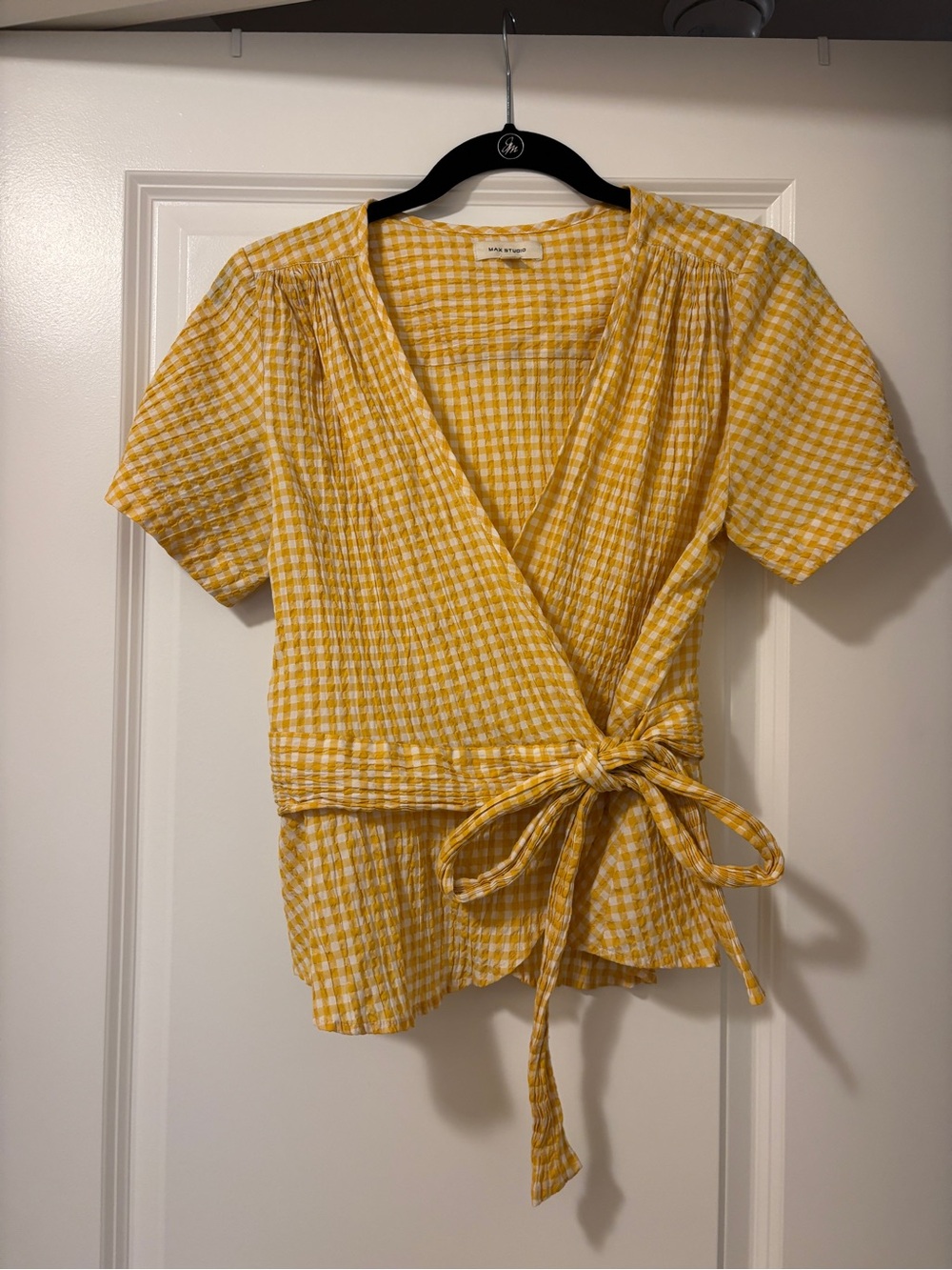 Max Studio Yellow Gingham Wrap Peplum Top - Women